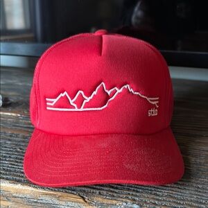 Stio Red Trucker Hat with Mountain Design